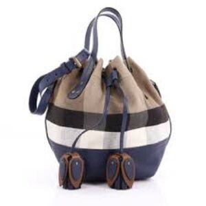 Burberry house check Heston bucket bag blue tan canvas & leather flower tassels